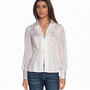 Guess Elegant White Blouse with Y2K Women's Amara Pleated-Sleeve Shirt Medium